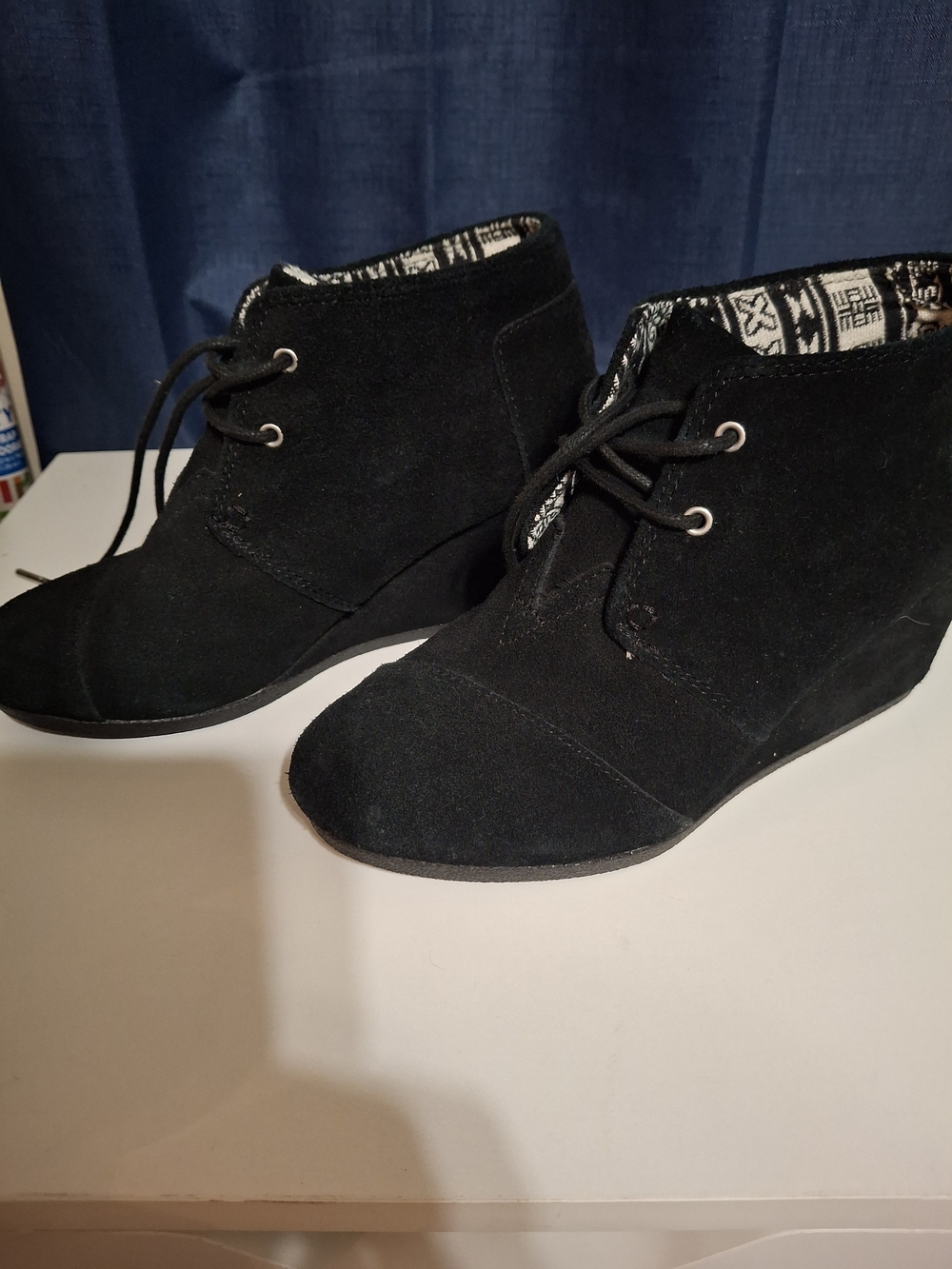 Toms Black Suede Lace-Up Wedge Booties